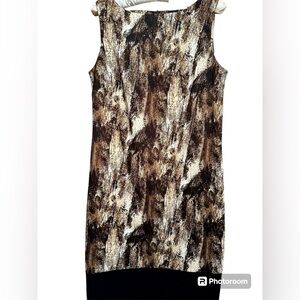 AB Studio brown print shift dress w black band hem size 8
